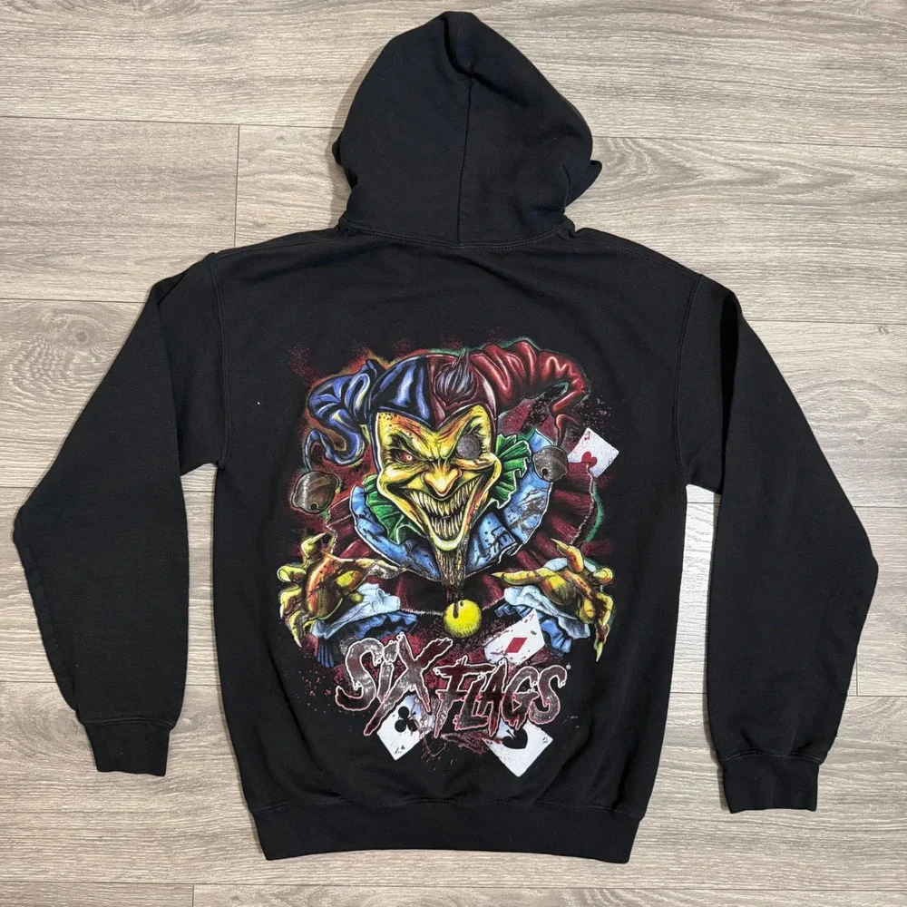 Six Flags Mens Sweater S Evil Jester Hoodie Black Fright Fest Clown Pullover